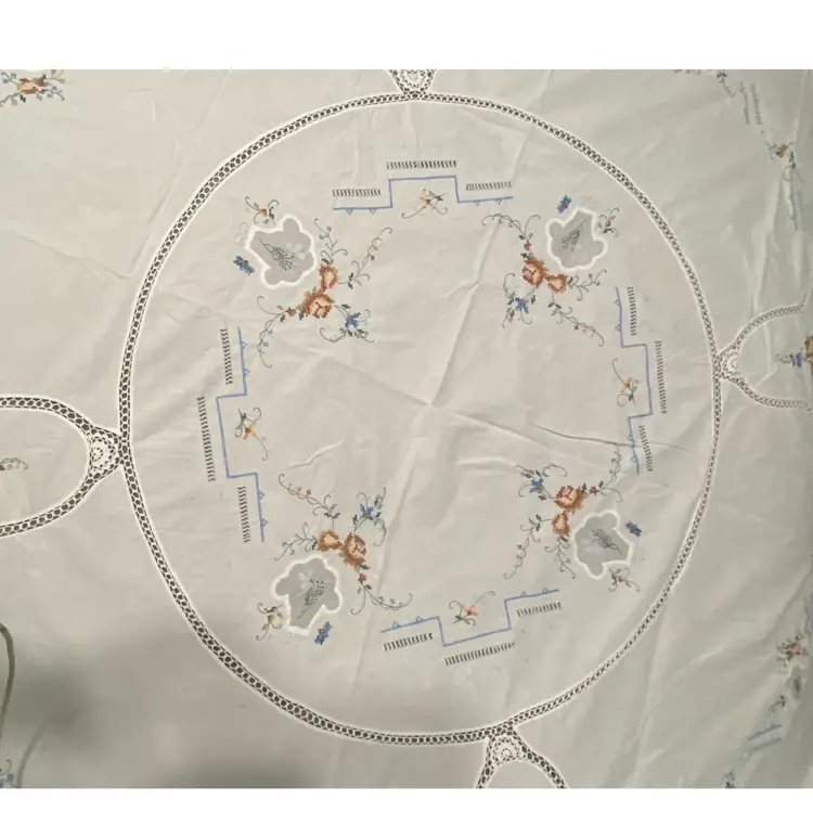Vintage Keeco Bouquet Sampler 62” Round Tablecloth, Scalloped Edge, Hand Stitched