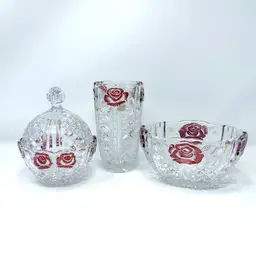 Anna Hütte Bleikristall Lead Crystal 3‑Piece Ruby Rose Set Germany, Vintage  (0014-26)
