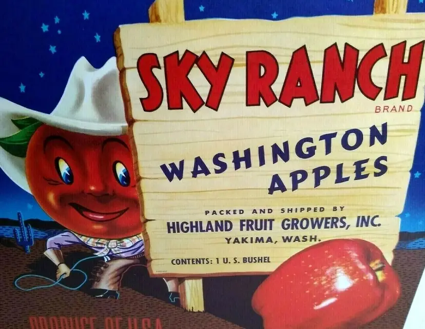 Sky Ranch Apples Crate Label Western Anthropomorphic Cowboy Man Vintage 1950s