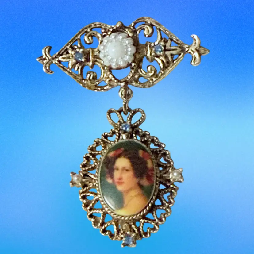 Vintage Ornate Goldtone Bar Brooch w Porcelain Cameo Dangle