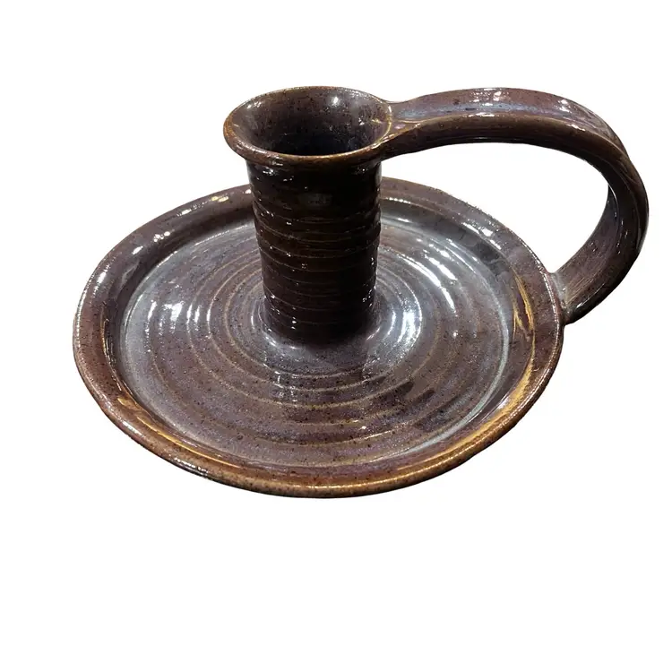 Vintage Signed Studio Pottery Candle Holder Glazed Farmhouse Primitive Decor 6”