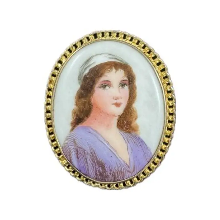 Marked Vintage Hand-Painted Lady on Porcelain Brooch