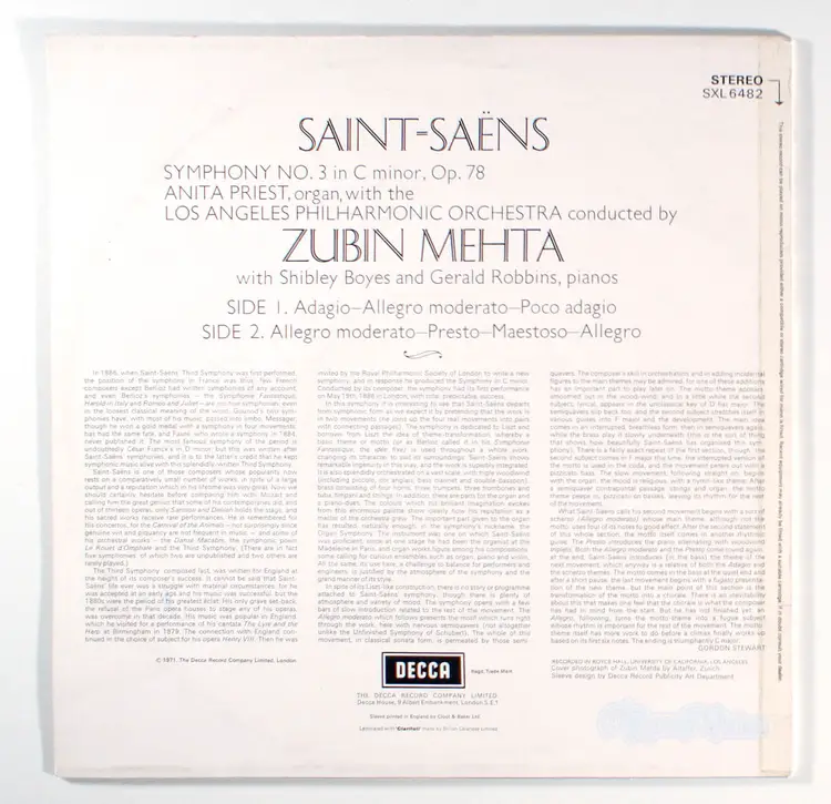 Zubin Mehta - Saint Saens Symphony No.3 (1971) Vinyl LP • Classical