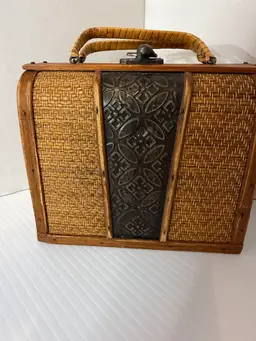 A vintage-style woven rattan and wood storage box / decorative case