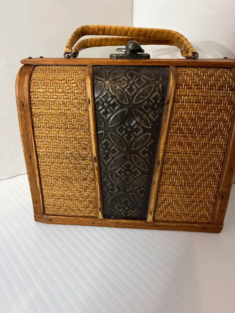 A vintage-style woven rattan and wood storage box / decorative case