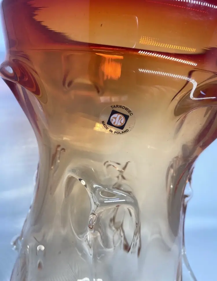 large orange amberina Tarnoweic Polish glass vase 12” Tall GLOWS!
