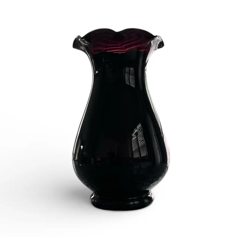 Tall Vintage Black Amethyst Glass Vase With Ruffled Scalloped Edge