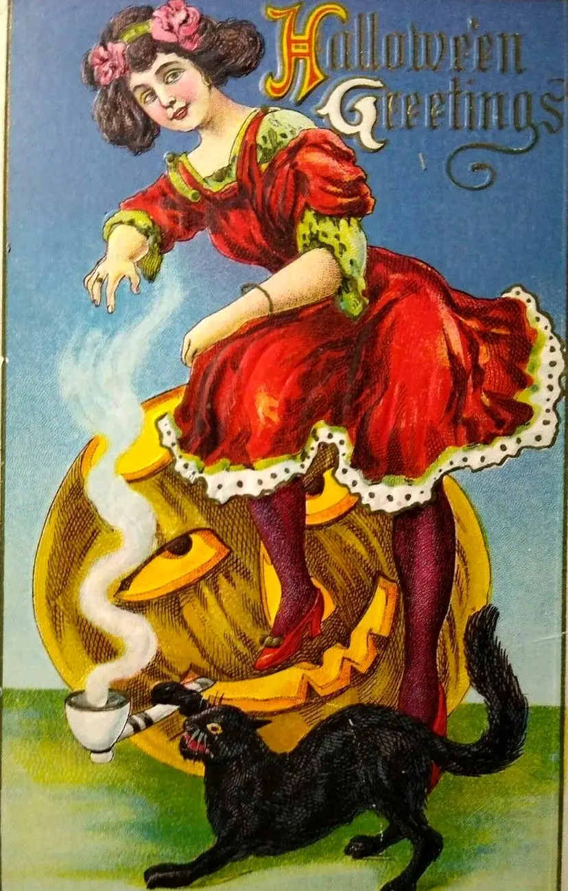 Halloween Witch Postcard Fantasy Lions Head Pumpkin JOL Smoking Pipe Black Cat
