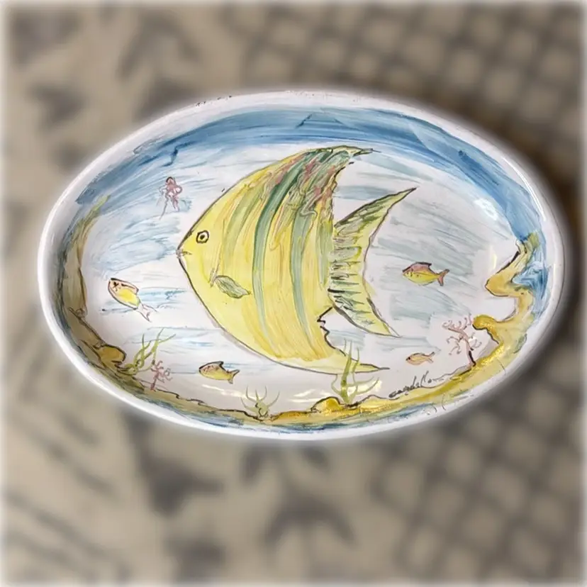 Italian Hand-Painted Seascape / Fish Art Platter - Hangable - 10.5” wide and 7” tall