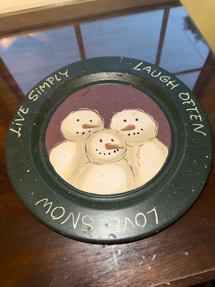 Folk Art Primitive Family Snowman Wooden Plate, Christmas decor