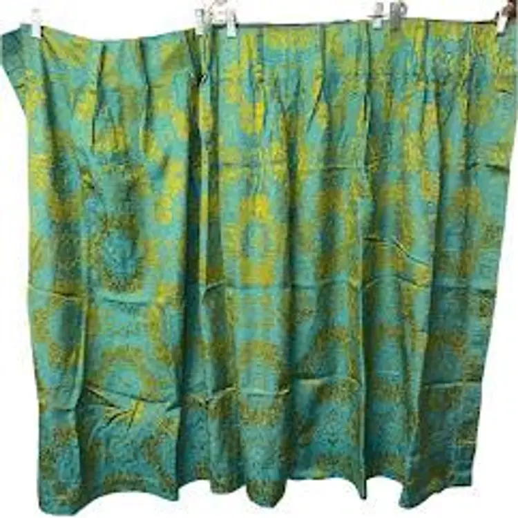 Vintage 60s/70s Green Riverdale Fabrics Yellow Brocade Pleated Curtains Set of 4