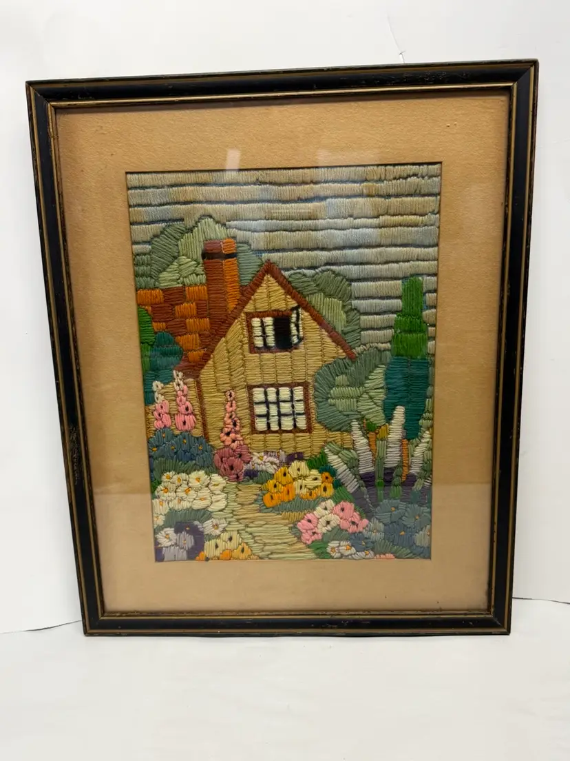 Vintage 1960's Framed Cottage & Garden Colorful Crewel Embroidery Artwork 17”