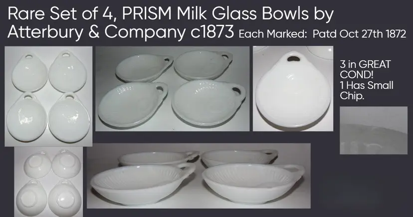EAPG Set of 4 Milk Glass PRISM Nappies / Bowls, By ATTERBURY 1873, RARE