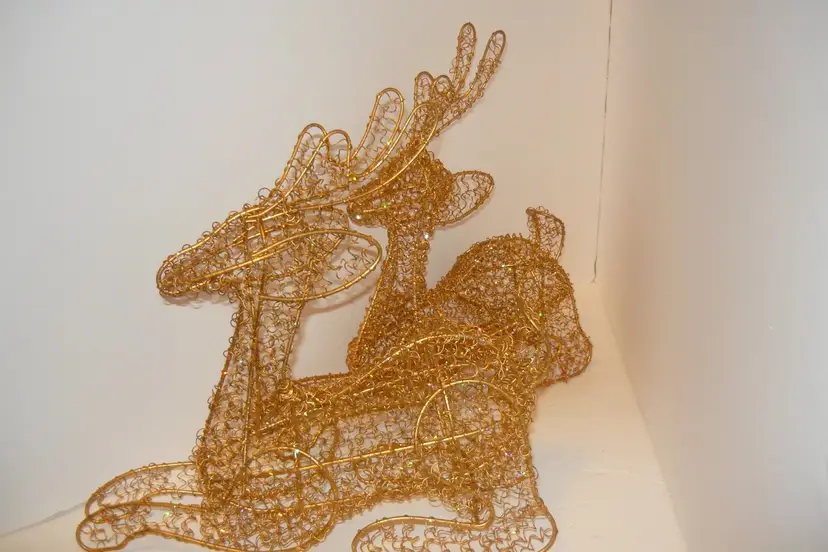 Reindeer 2 Gold Twisted Wire Reindeers 13" Christmas Deer With Antlers Glitter