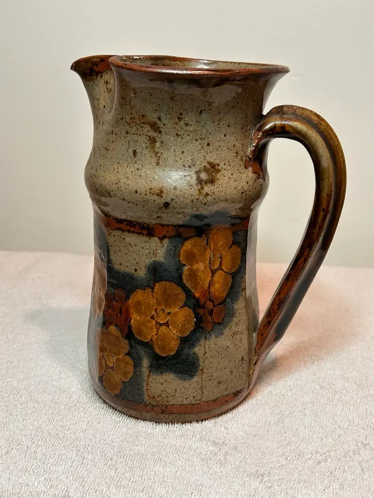 Signed Stoneware Pottery Pitcher Speckled Glaze Earth Tone Colors Mary Humphrey