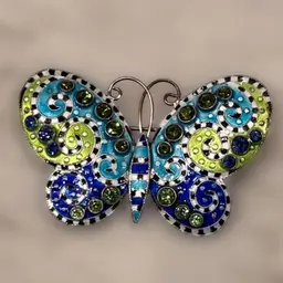 Vintage Enameled Sterling Silver Blue & Green Rhinestone Butterfly Brooch!