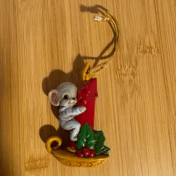 Vintage Mouse On Candlestick Ceramic Handpainted Christmas Holiday Ornament