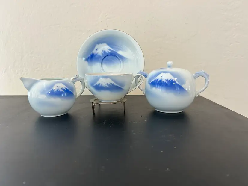 Vtg Japanese Fukagawa Mt Fuji Open Sugar Teacup Saucer