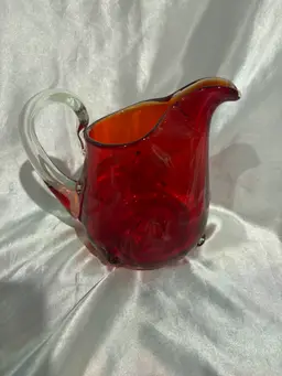Vintage Hand Blown Red glass Pitcher Clear applied Handle