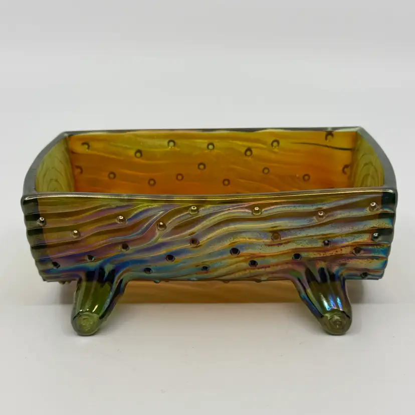 Vintage Hansen Carnival Glass Town Pump Log Sugar Trough Signed 5.25”