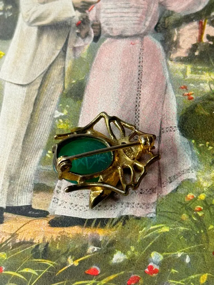 Vintage Vermeil Gold Over Sterling Green Gemstone Bug Brooch