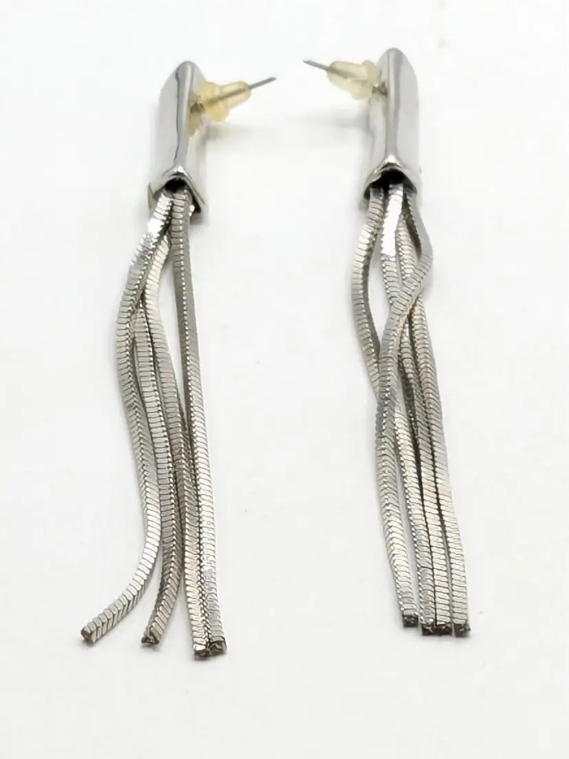 Silver Tone Dangle Pierced Earrings with Snake Chain Tassels