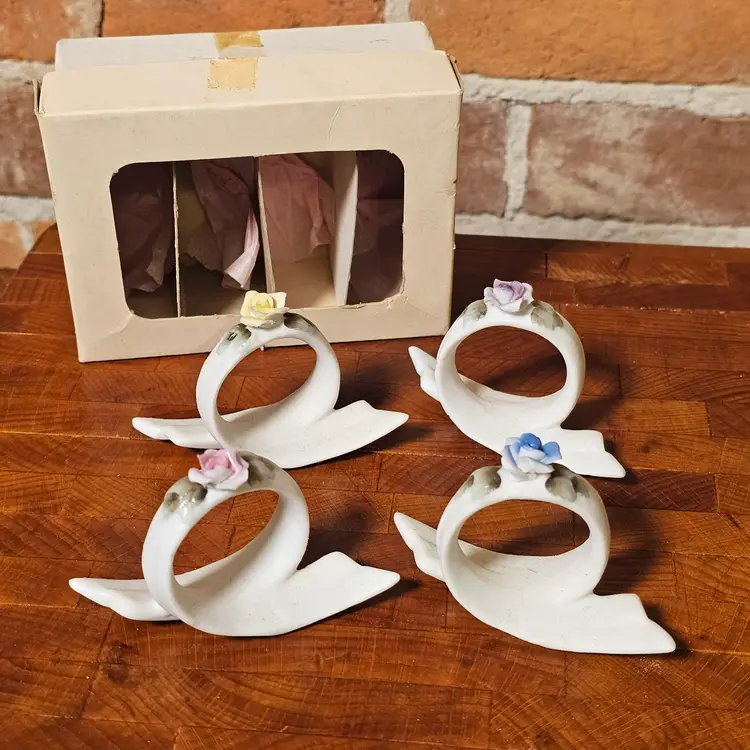 Vintage Japan Bisque Porcelain Napkin Rings Set 4 Roses Original Box Mid Century Cottage Granny Core