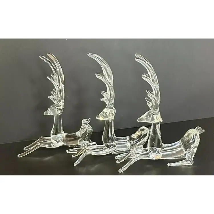 Set of Three (3) Art Glass Hand Blown Clear Laying Reindeer Sculptures