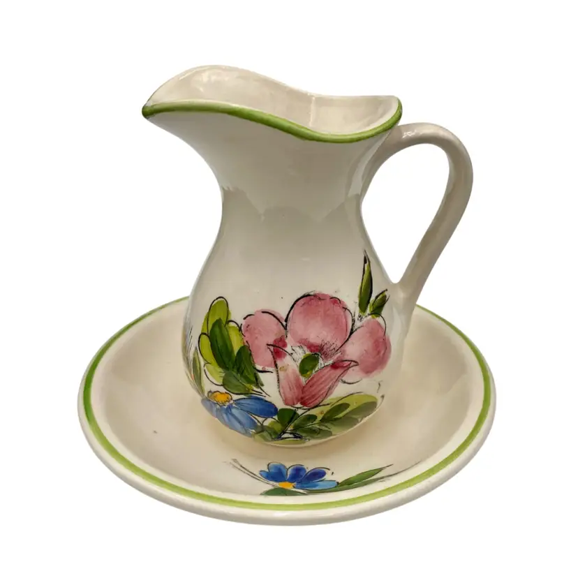Vintage Brazil Ceramic Syrup/Cream/Gravy Pitcher with matching bowl, Hand-painted