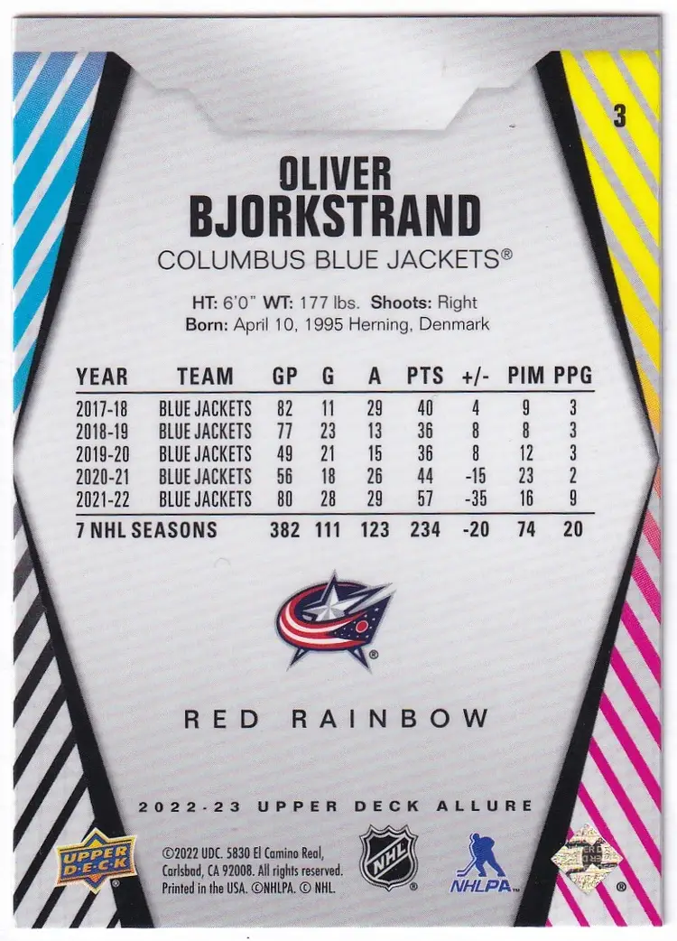 2022-23 Upper Deck Allure Red Rainbow #3 Oliver Bjorkstrand Columbus Blue Jackets Hockey Card