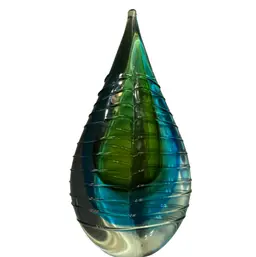 Decorative Blown Art Glass Tear Drop Blue & Teal Green Ribbed 11”x5”