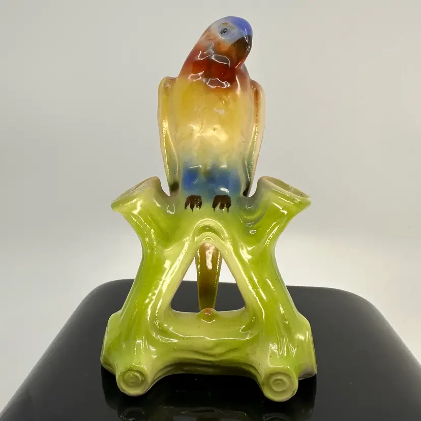 Vintage Czechoslovakian Ceramic Parrot On Tree Bud Base Flower Frog 5.5”