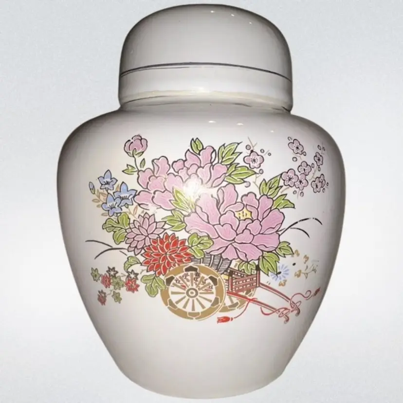 Floral & Wagon Garden Vintage 5” Ginger Jar, Unmarked Wheelbarrow