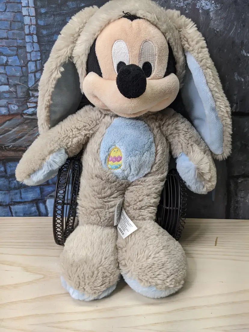 Disney Store Mickey Mouse Easter Bunny Plush Brown Light Blue 17"Embroidered Eye