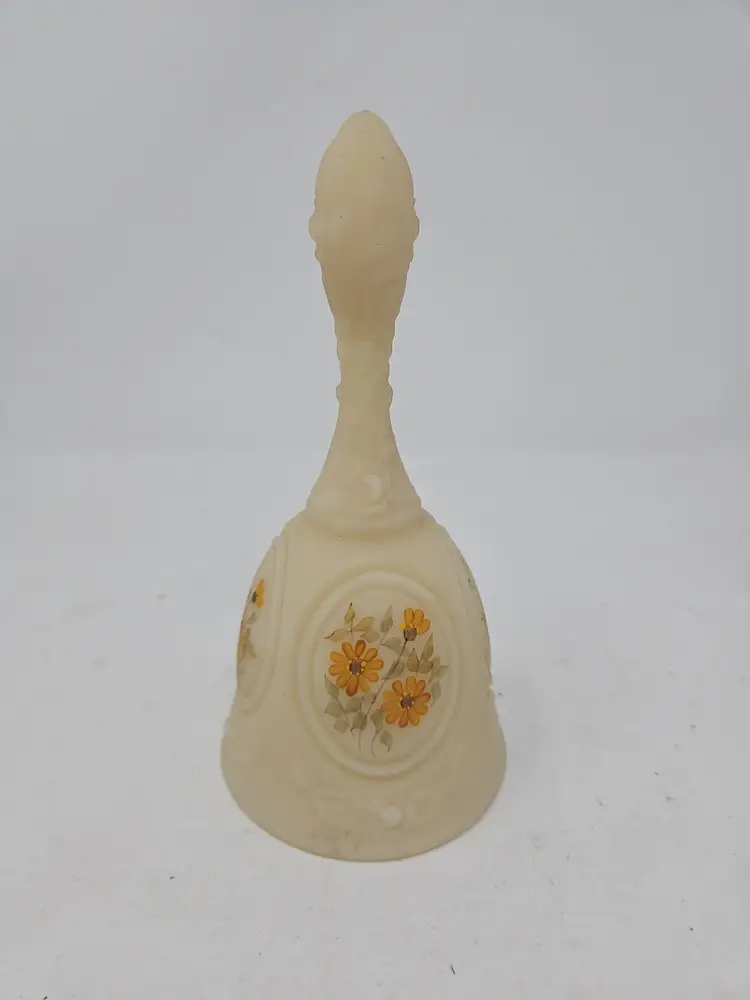 Vintage Fenton Daisies on Cameo Satin Medallion Bell Signed Hand Painted
