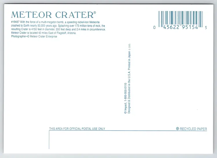 Postcard Meteor Crater Northern Arizona Barringer Crater Meteorite Impact Site - 11065