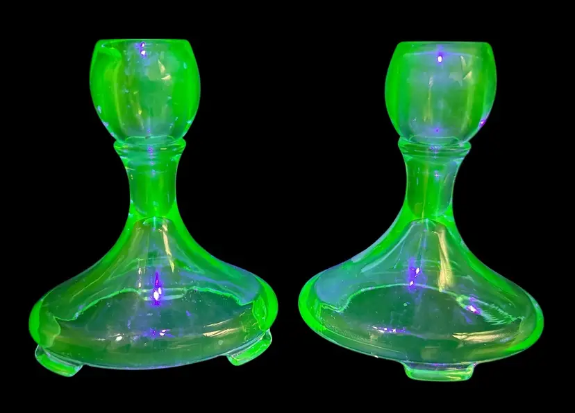 Set of 2 Antique Fostoria Saint Alexis Candlestick Green Uranium Glass Pair 5”