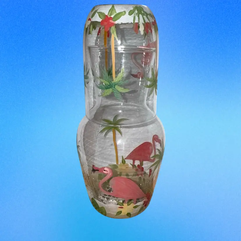 Glass Handpainted Tumble Up With Flamingos & Palm Trees