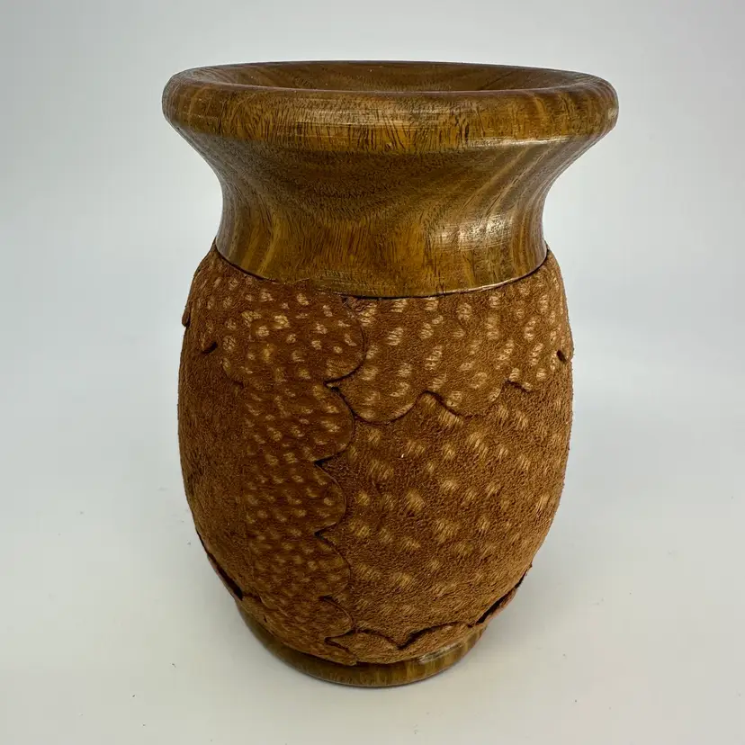 Wooden Vase With Hand Carved Details In Suede