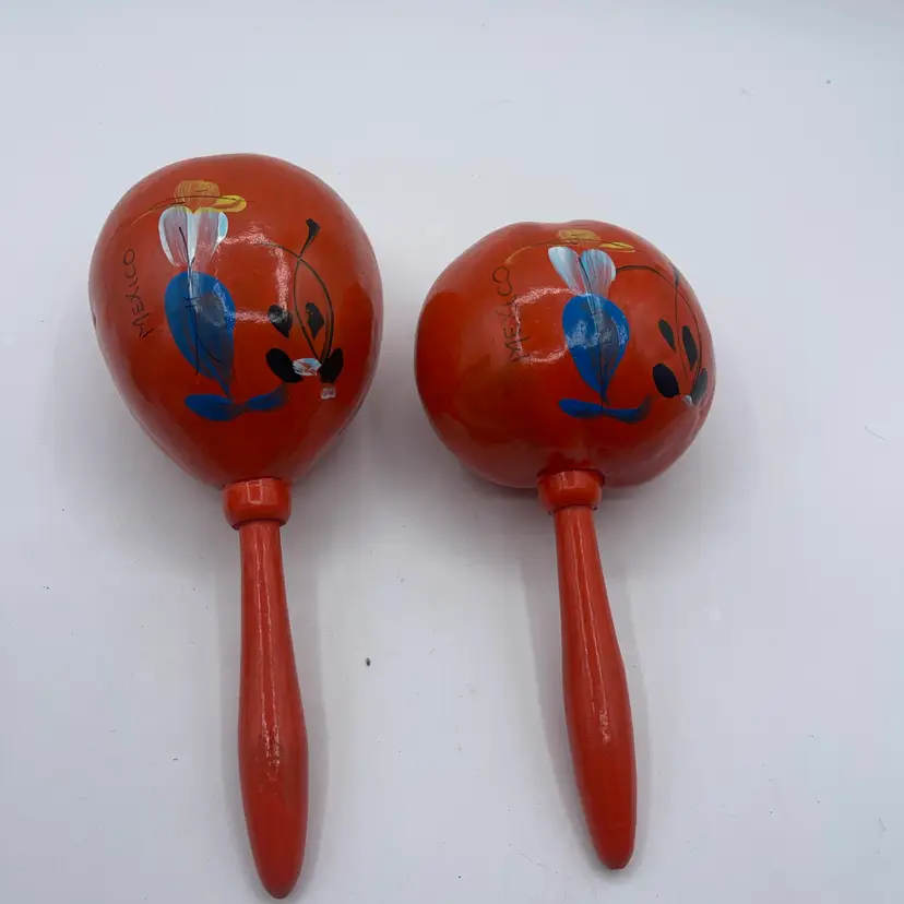Pair of Wooden Maracas Hand-Painted Orange Mexico