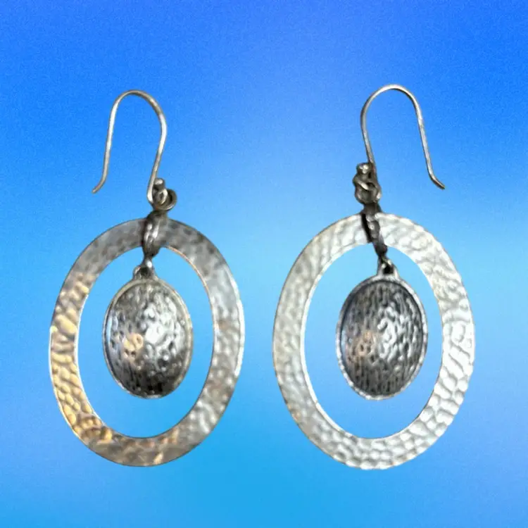 Vintage Sterling Silver Hammered Oval Dangle Earrings 2.50”, 8.1g