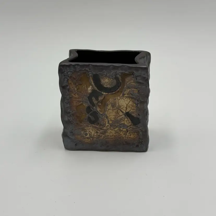 Vintage Tenmoku Malaysia Pottery Small Bud Vase Crumpled Bag Pressed Leaf Design