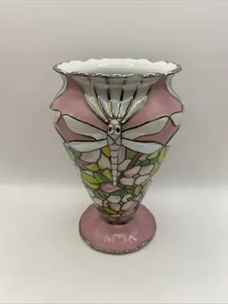 VTG Louis Tiffany Bradford Exchange Glittering Dragonflies Porcelain Vase Pink