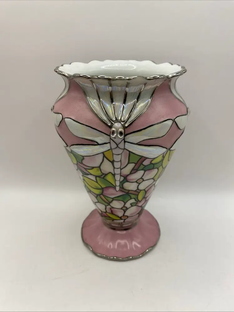 VTG Louis Tiffany Bradford Exchange Glittering Dragonflies Porcelain Vase Pink