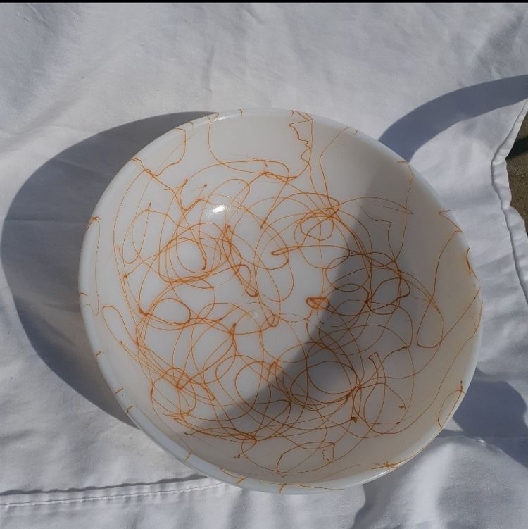 Vintage Hazel ATLAS Butterscotch Drizzle Milk Glass Bowl MCM