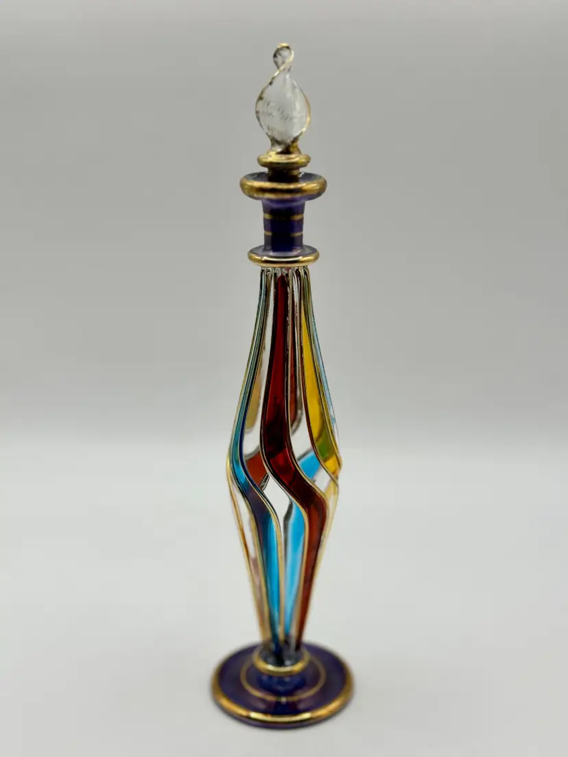 Vintage Egyptian Art Glass Perfume Bottle, 24K Gold & Multicolor Swirl Stopper, Elegant Vanity Decor, Unbranded, Made In Egypt