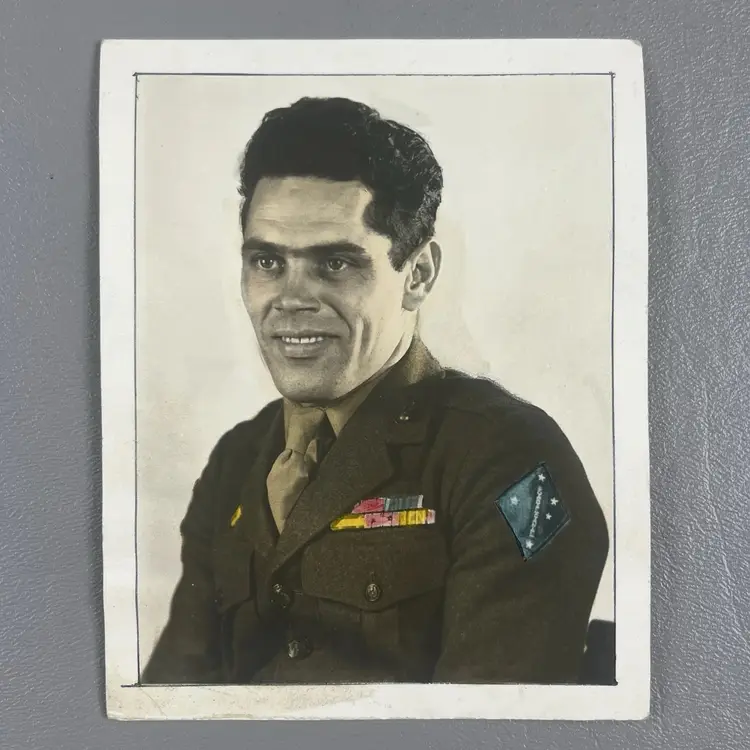 WWII Portrait Photo Handsome Man Dimples Latino In Uniform Tinted 4x5"