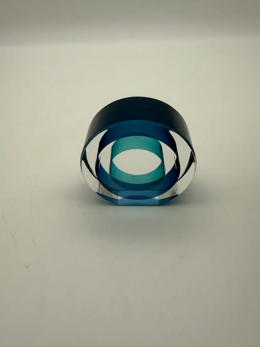 Kosta Boda Geometric Circular Blue Toned Paperweight Signed