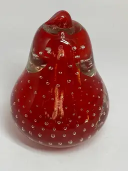 Pear Shaped Paperweight with Red Interior & Controlled Bubbles, 4" Tall