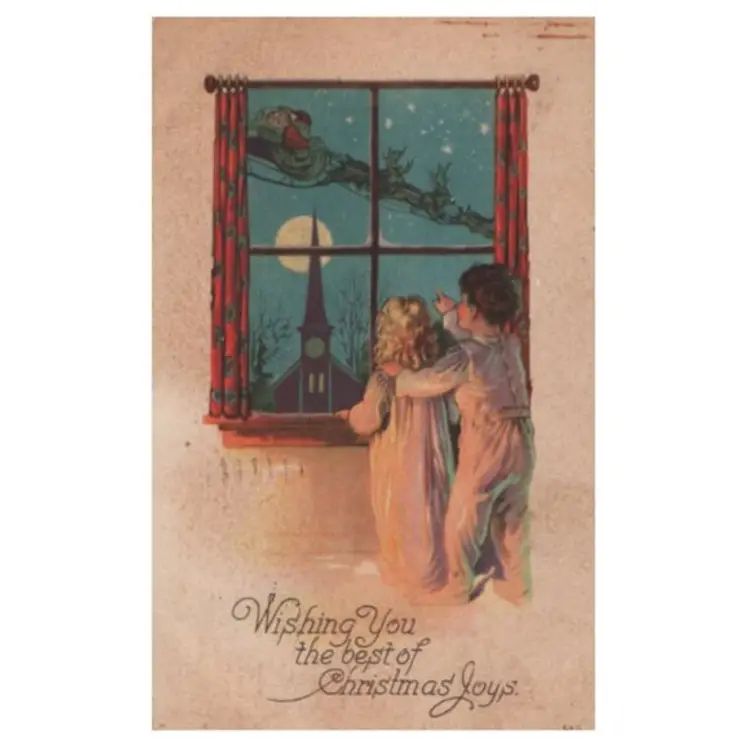 Antique Christmas Postcard Dated 1923 Boy Girl Santa Christmas Eve